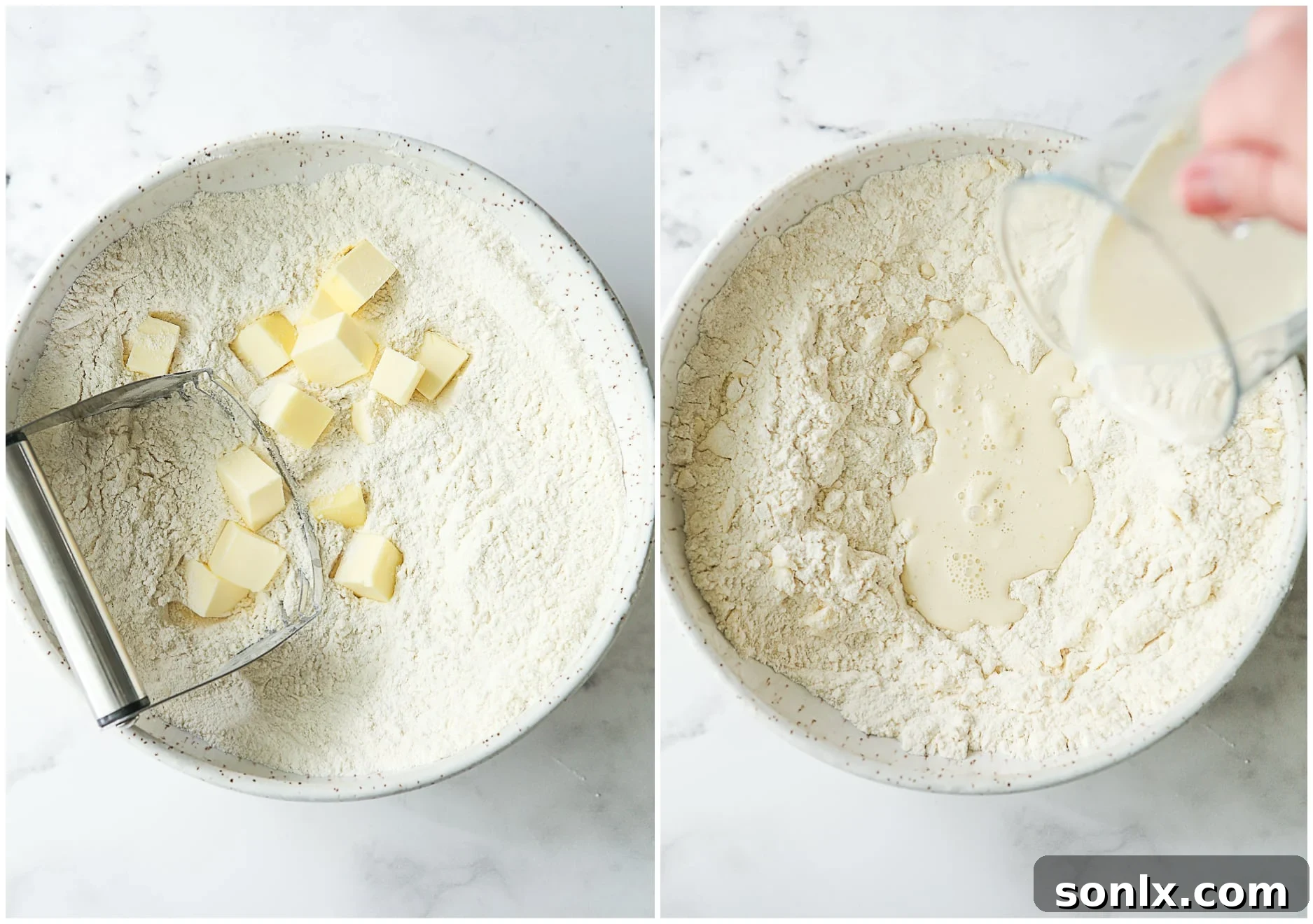 cutting butter into dry ingredients and adding liquid ingredients