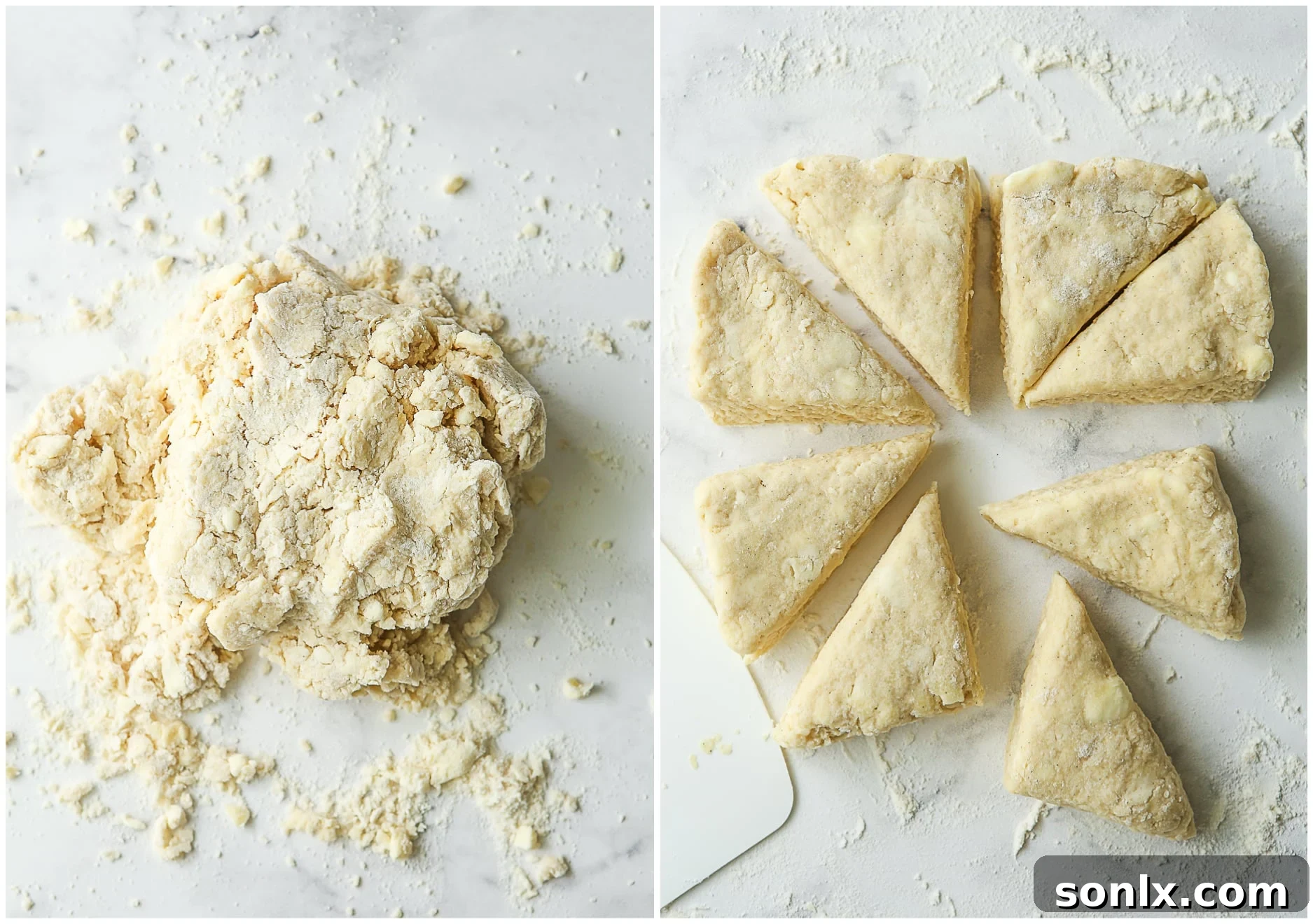 putting scone dough together and cutting into squares