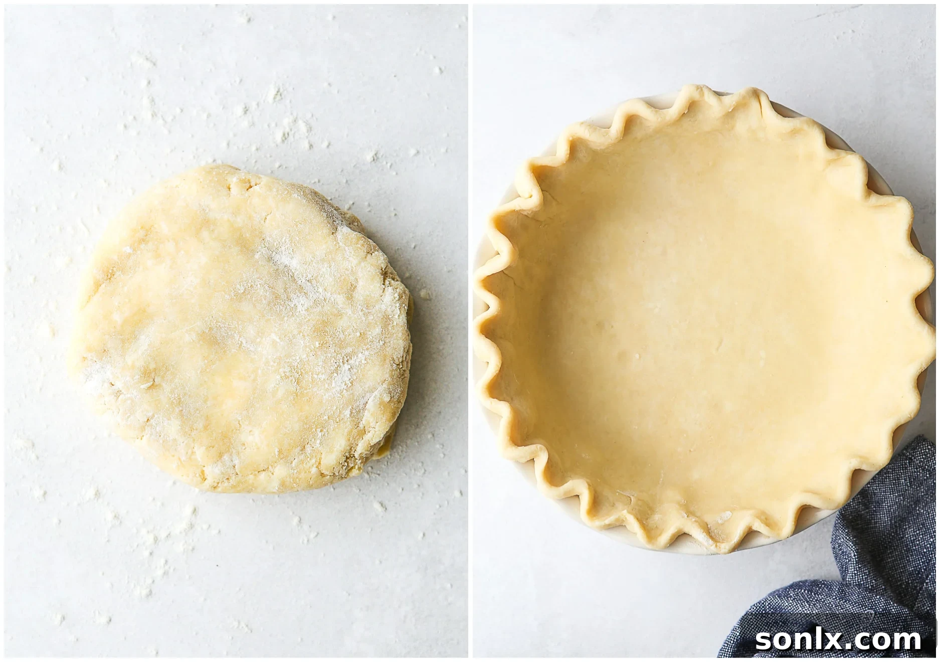 Hands using a pastry blender to cut cold butter into flour for pie crust preparation.