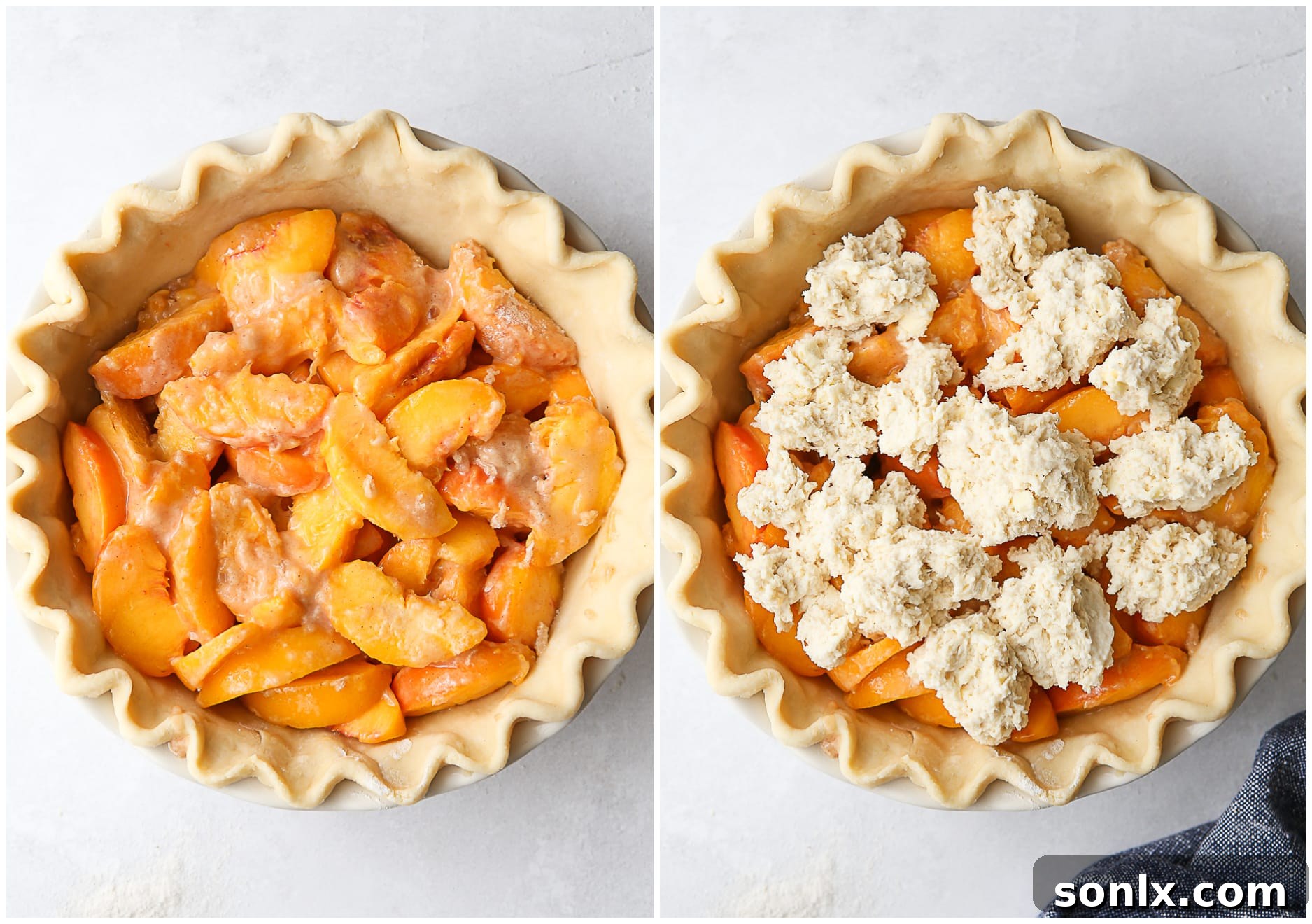 Two images side by side: one showing the peach cobbler pie before baking with biscuit topping, and the other after baking with a golden crust.