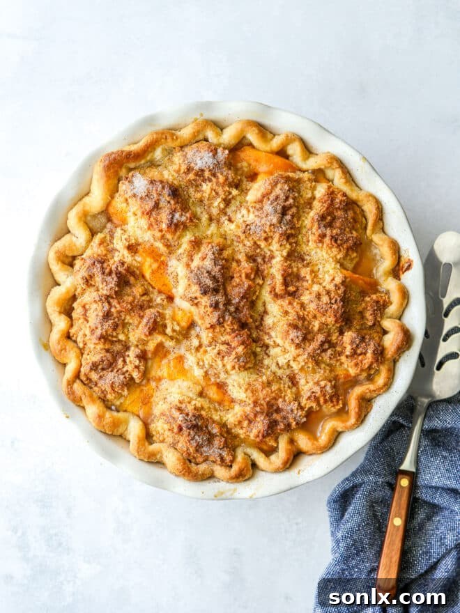 A whole baked peach cobbler pie, glistening with sweet juices and a perfectly browned topping.