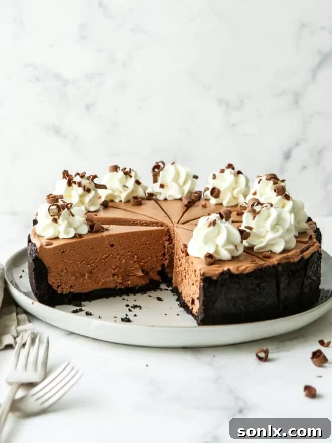 side view of no-bake chocolate cheesecake, showcasing its layers