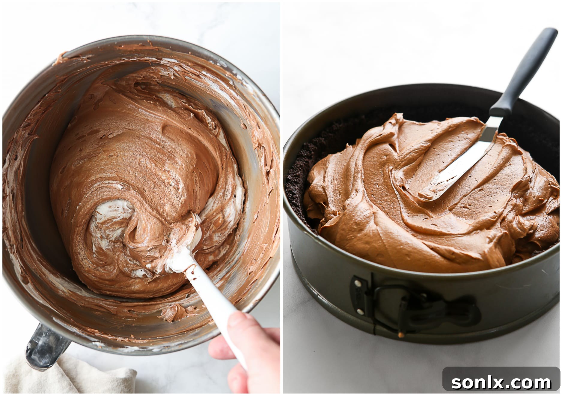 mixing no-bake chocolate cheesecake filling in a stand mixer