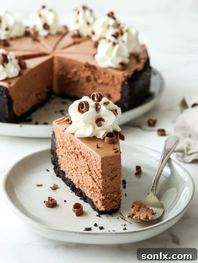 taking a bite out of no-bake chocolate cheesecake slice