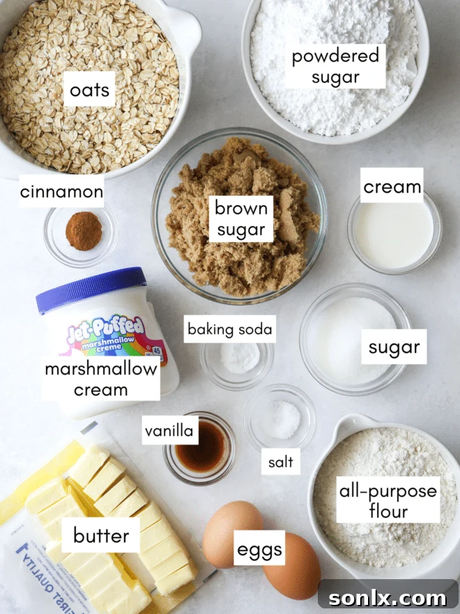 A flat lay photograph showcasing all the ingredients required for oatmeal cream pie cookies, neatly arranged on a rustic surface.