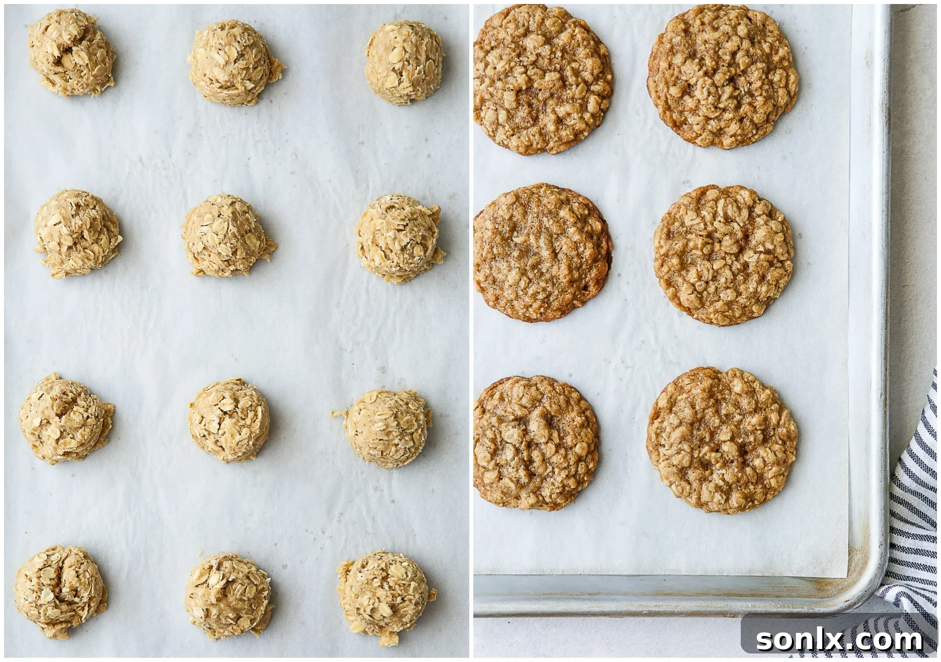 A before and after image showing raw oatmeal cookie dough balls on a baking sheet next to freshly baked, golden-brown oatmeal cookies.