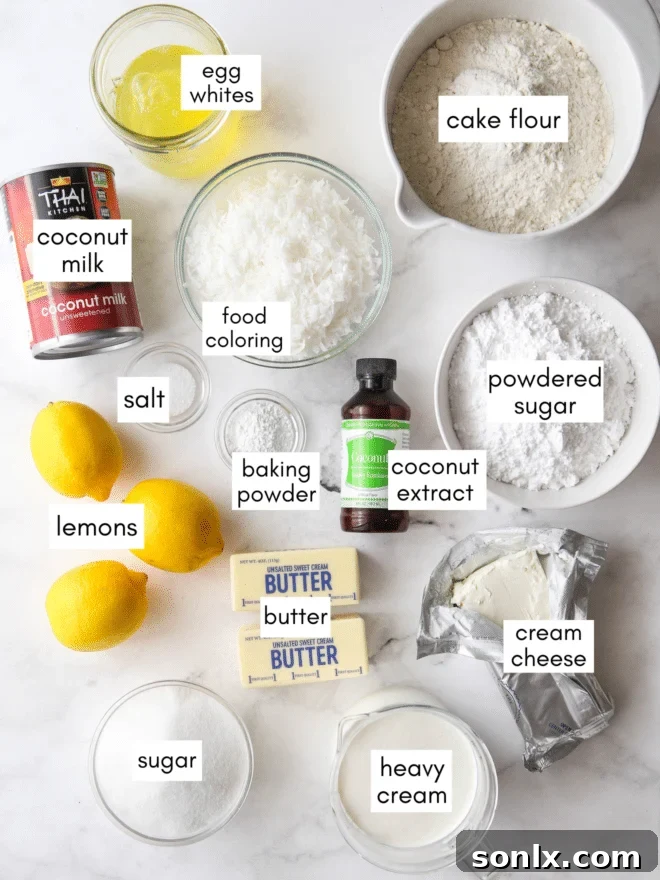 Various ingredients for lemon coconut cake, meticulously measured out in bowls, including flour, sugar, eggs, lemons, and coconut milk.
