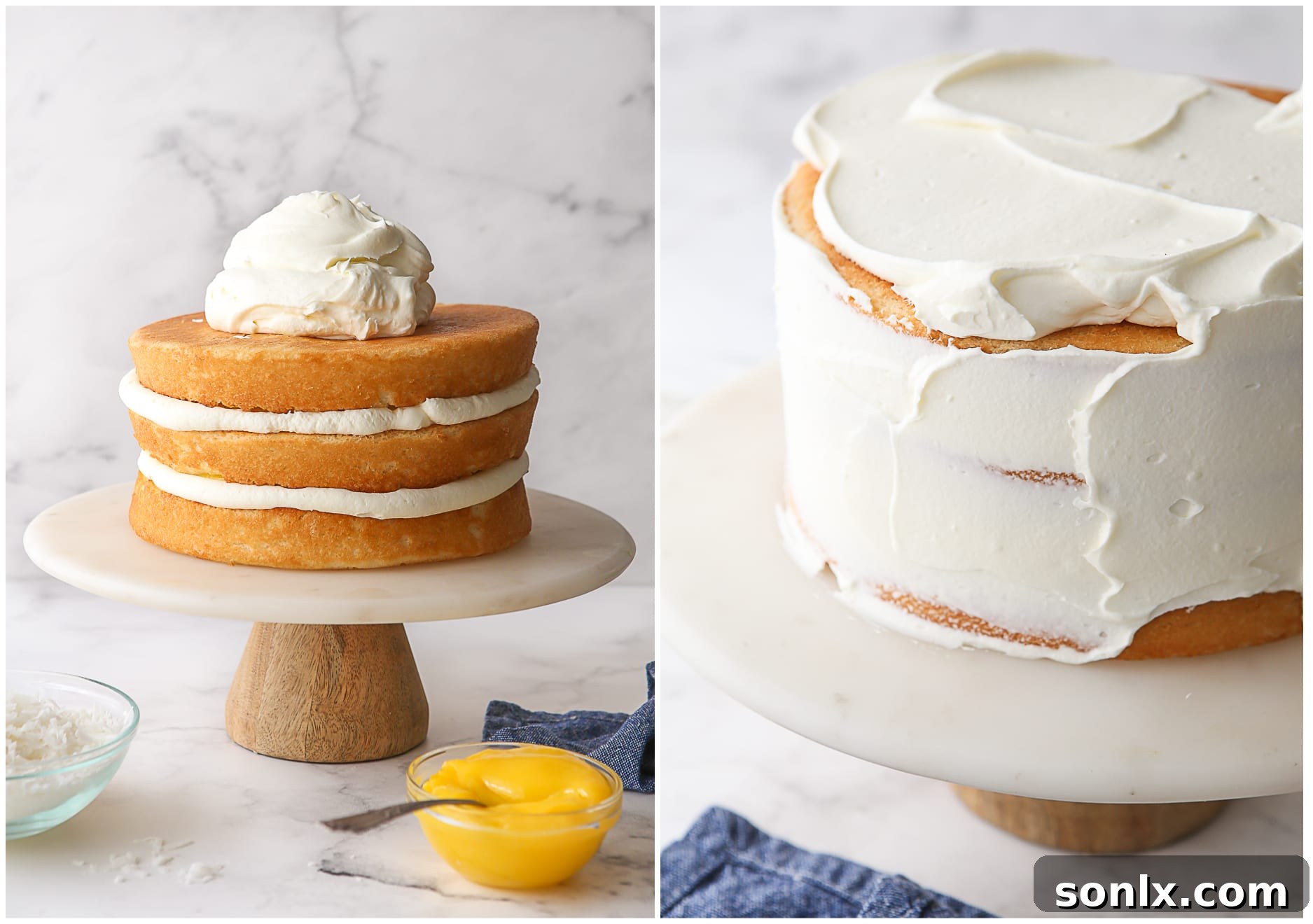 The lemon coconut cake being assembled and frosted on a cake stand, with the final touches of shredded coconut being applied.