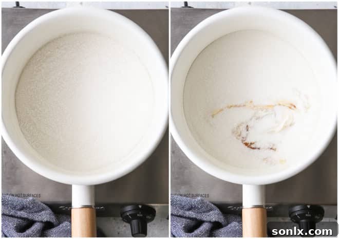 Visual steps for making caramel using the dry method, showing sugar melting in a saucepan.