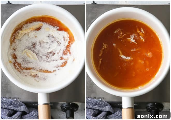 Further steps of the dry method, with sugar transforming into a golden amber liquid.