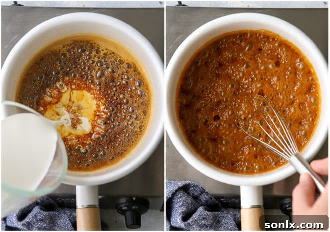 Hot, amber caramelized sugar with heavy cream being whisked in, causing it to bubble vigorously.