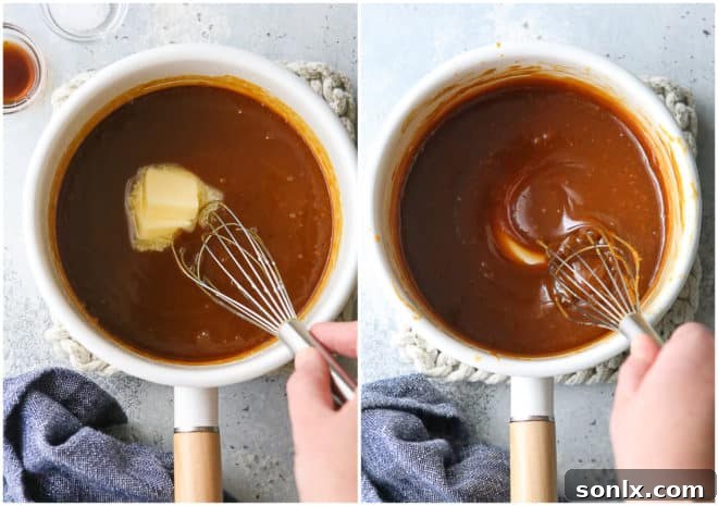 The final steps of making homemade caramel, with butter, vanilla, and salt being stirred into the smooth caramel sauce.