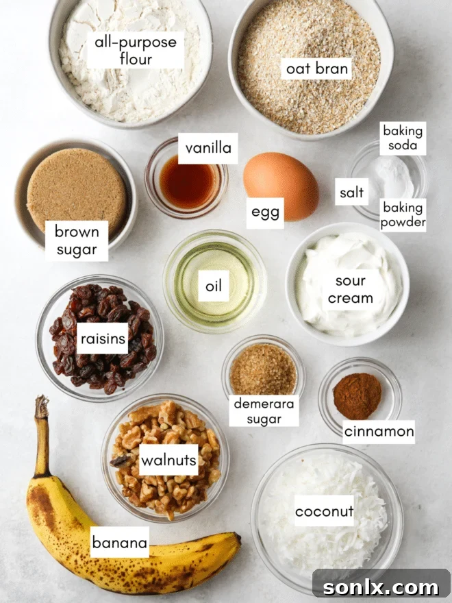 Various bran muffin ingredients meticulously measured out into small bowls, showcasing the freshness and quality.