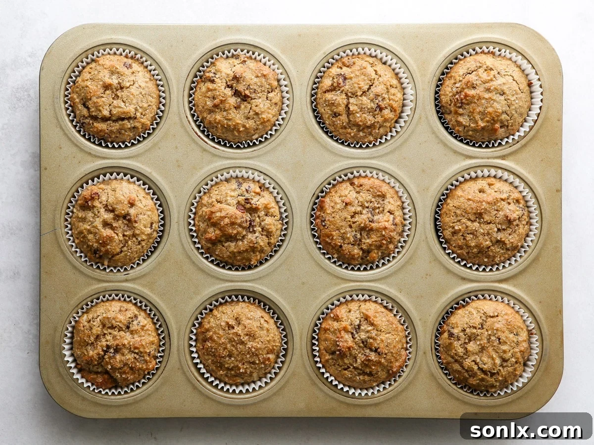 A tray of freshly baked, perfectly domed bran muffins cooling in their muffin pan.