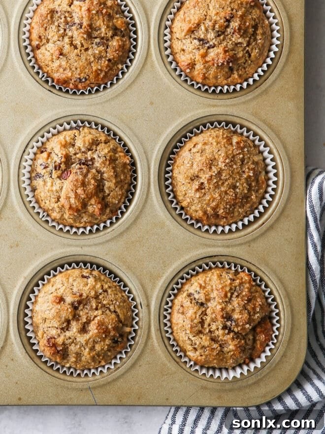 A close-up shot of freshly baked bran muffins, showcasing their golden tops and tender texture, still nestled in a muffin pan.