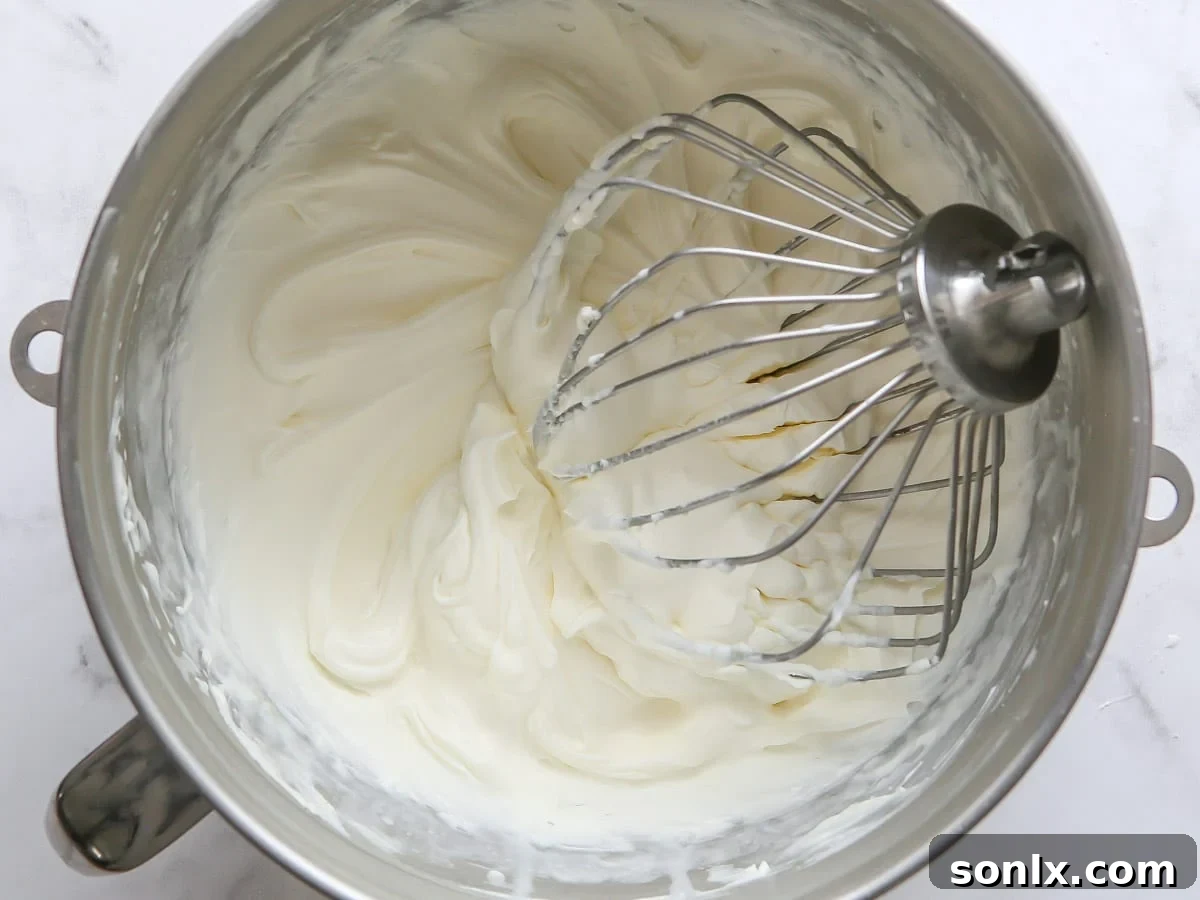 Beautifully whipped Chantilly cream frosting in a mixing bowl with the whisk attachment, showcasing perfect medium peaks.