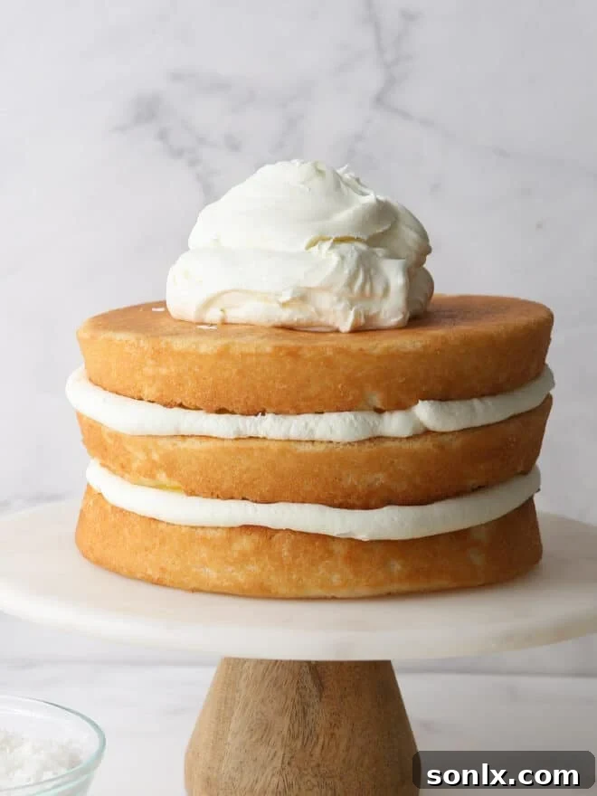 A beautifully frosted layer cake piled high with smooth Chantilly cream frosting and fresh berries.