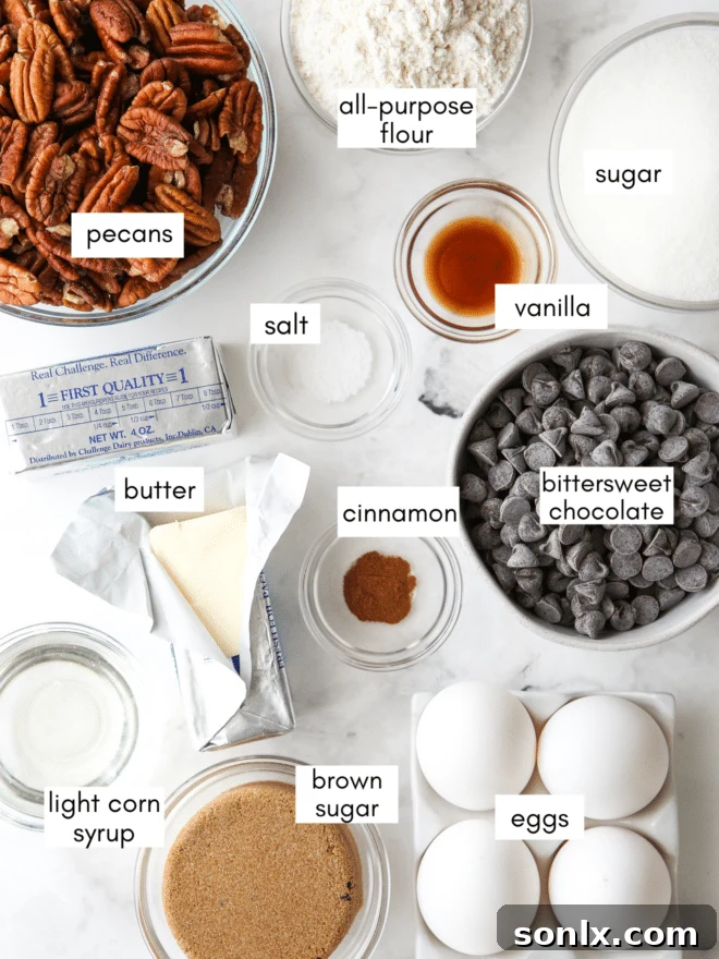An inviting arrangement of all the essential ingredients needed for baking pecan pie brownies on a rustic wooden kitchen counter.