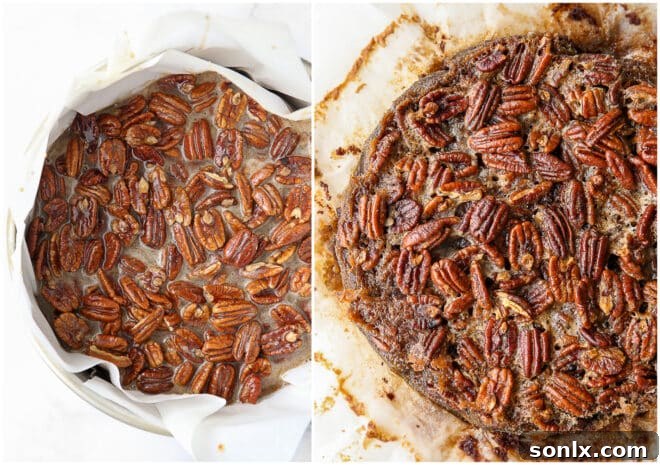 A striking side-by-side comparison of raw pecan pie brownies before baking and their golden, irresistible appearance after baking.