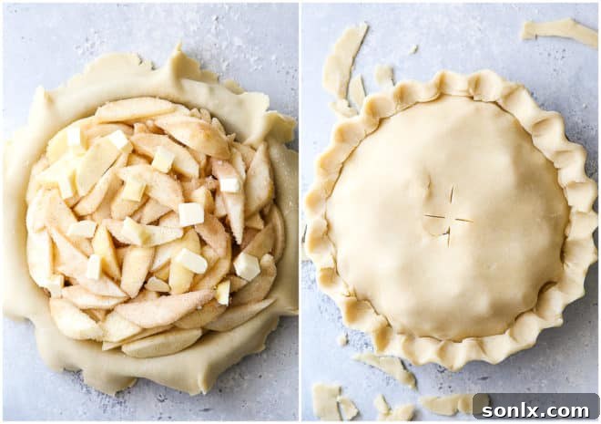 filling in pie crust and pie ready for oven