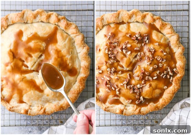 putting caramel topping and pecans on top of baked pie