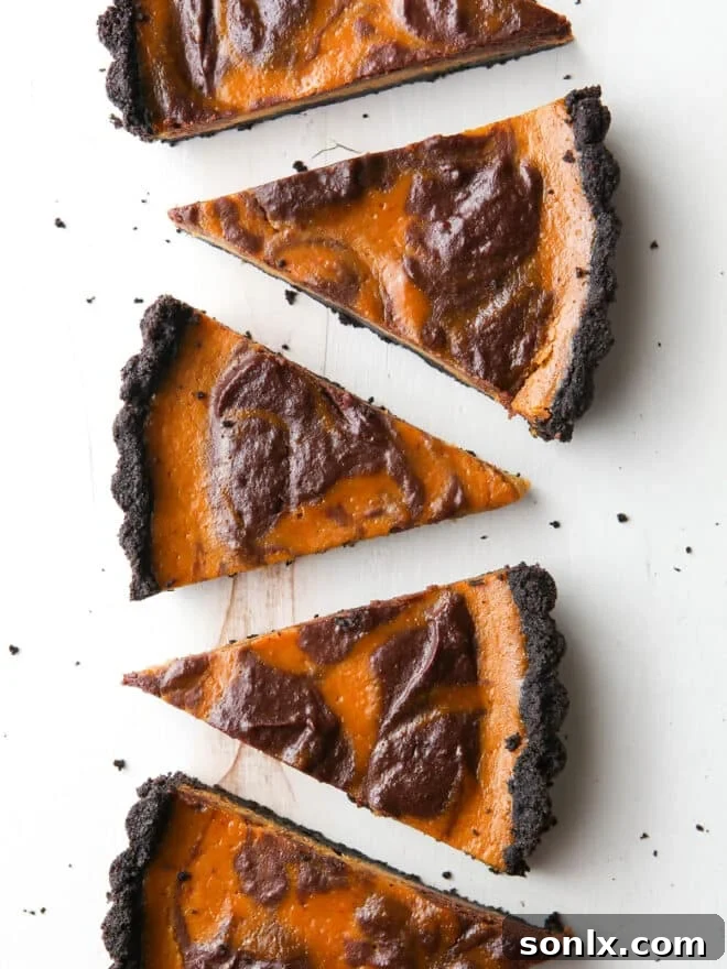 Slices of an exquisitely crafted chocolate swirl pumpkin tart, showcasing its beautiful marbled layers and inviting texture.