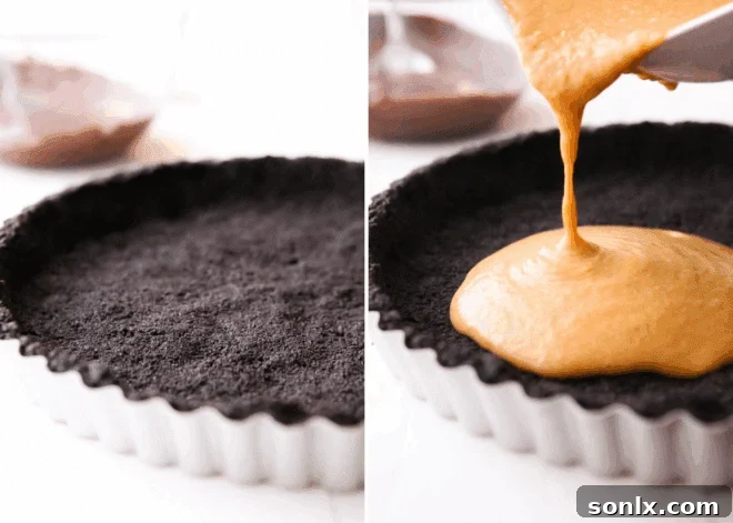 Pouring the luscious chocolate pumpkin filling into the prepared chocolate cookie crust of the tart.