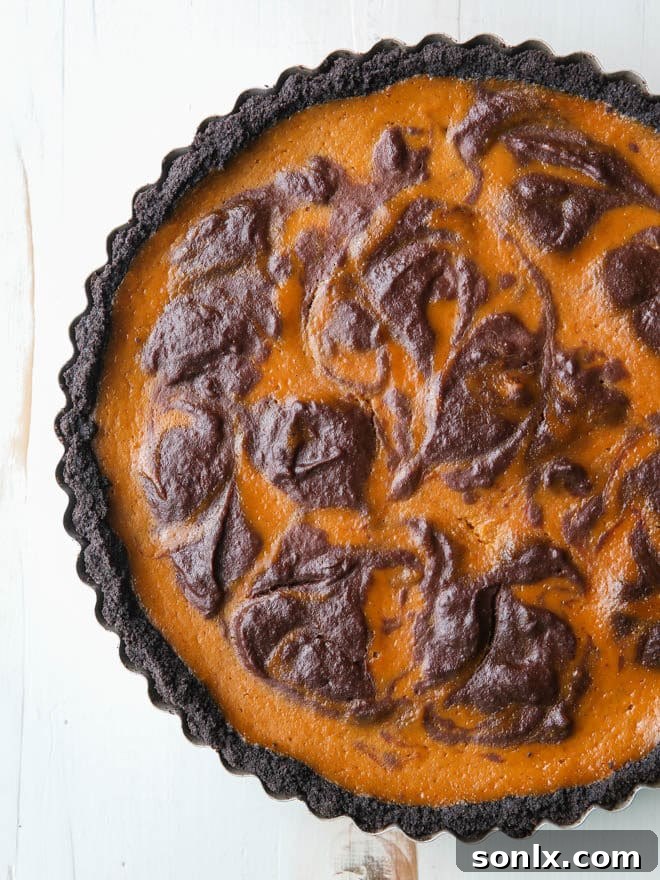 The finished Chocolate Swirl Pumpkin Tart, looking perfectly set and ready for a holiday celebration.