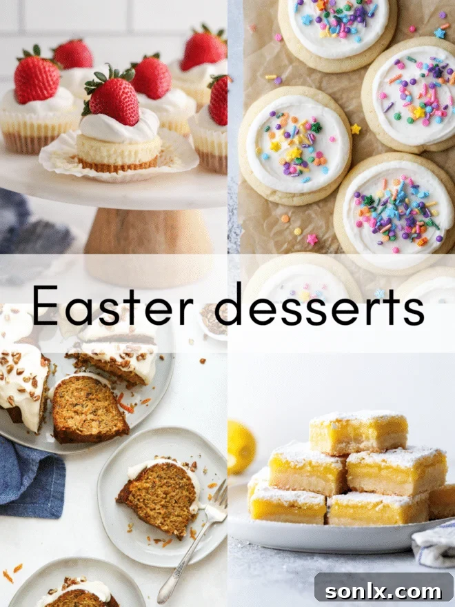 A vibrant collage showcasing various Easter dessert recipes, including carrot cake, lemon bars, cheesecake, and frosted sugar cookies, perfect for a festive holiday table.
