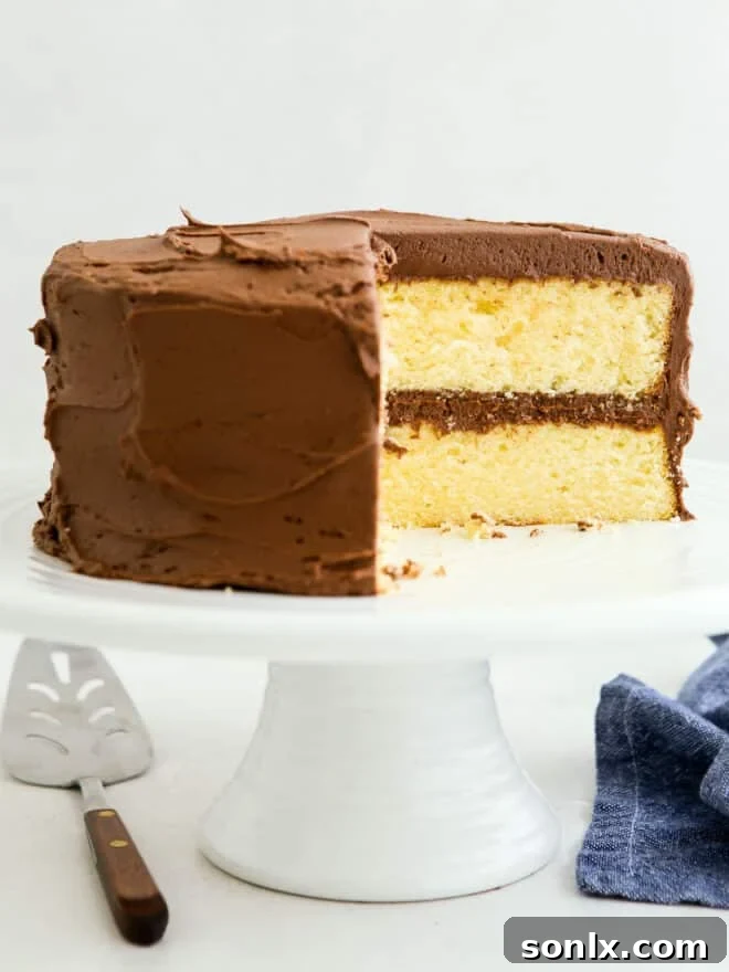 yellow cake with chocolate frosting on a cake stand