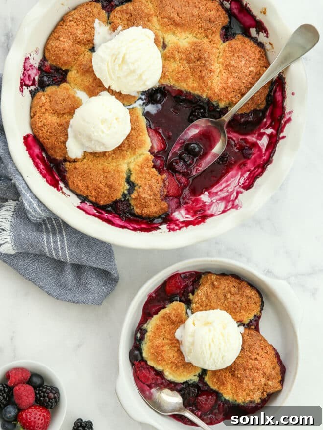 A close-up shot of a serving of berry cobbler with a scoop of vanilla ice cream melting on top, garnished with a fresh berry.