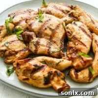 Grilled chicken pieces with a vibrant green garnish, presented beautifully as a finished dish
