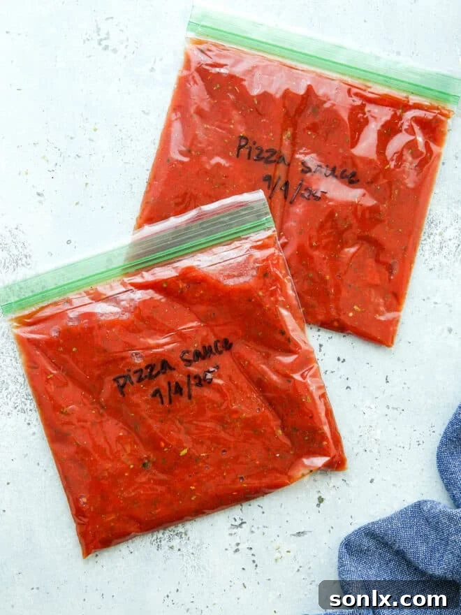 pizza sauce portioned into ziplock bags for freezing
