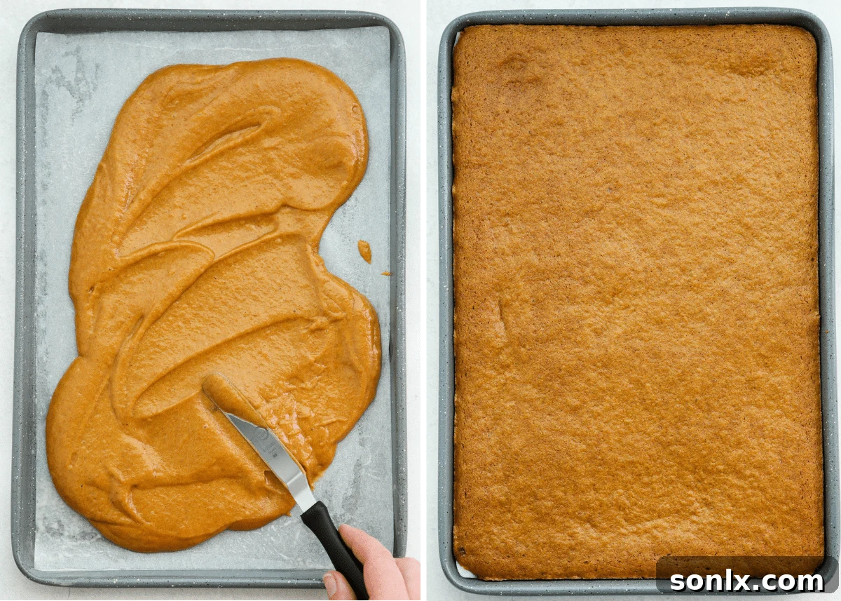 Spreading cake batter evenly in a jelly roll pan before baking; alongside, a perfectly baked pumpkin cake.