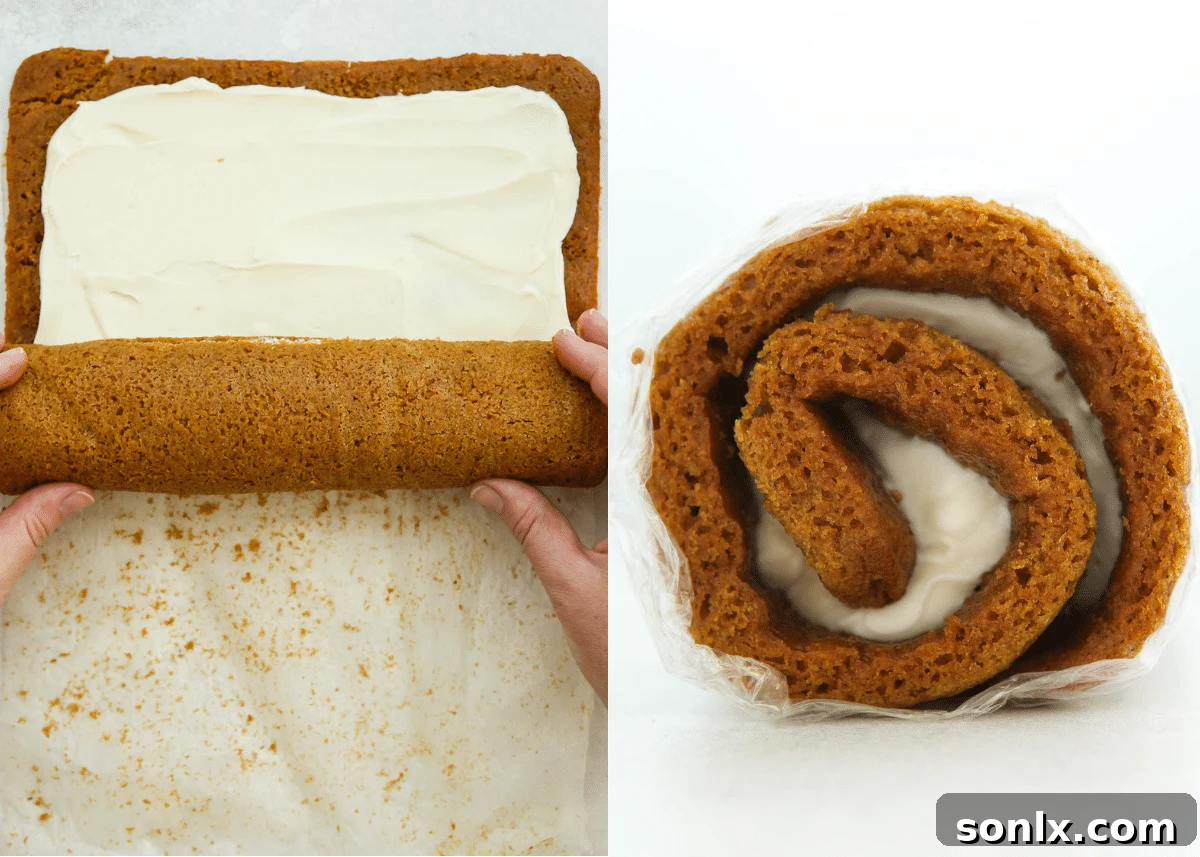 Rolling up the filled pumpkin roll, showing the spiral beginning to form.