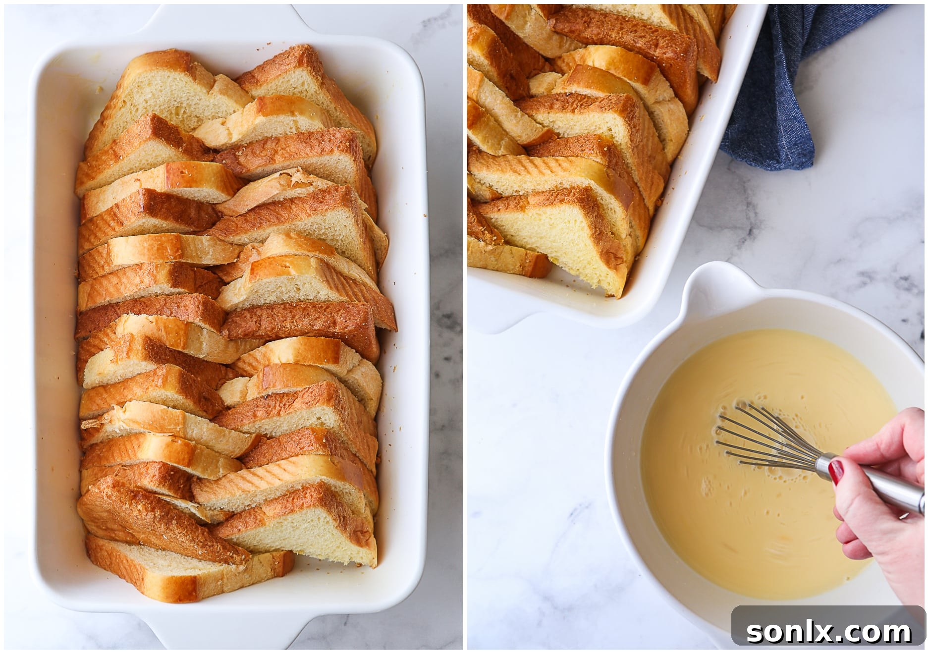 Arranging sliced brioche bread in a baking dish for baked French toast casserole, cut into triangles for an appealing presentation.