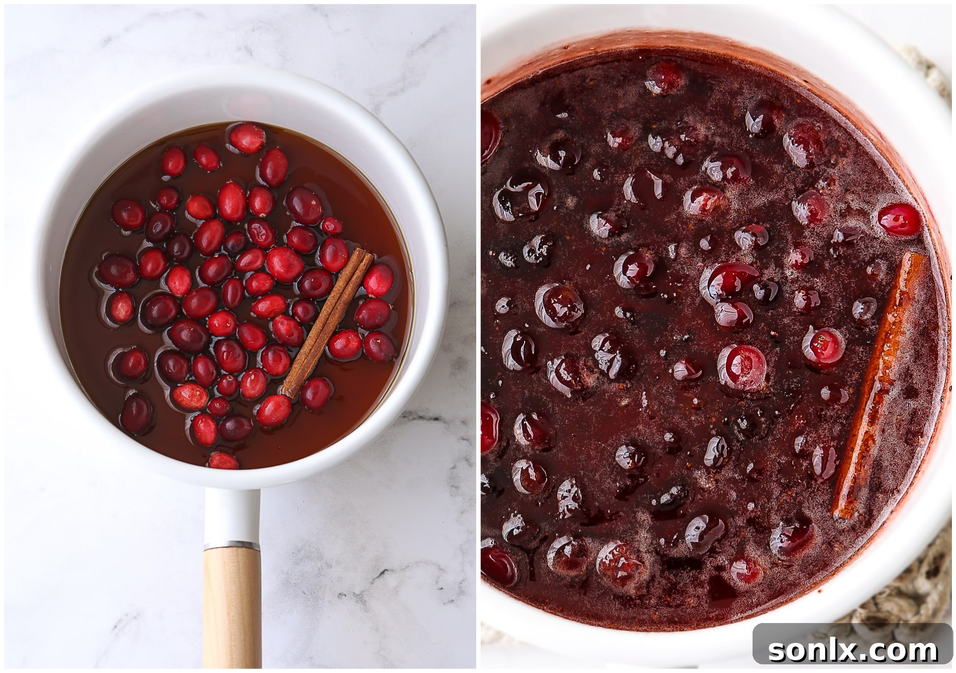 Making cranberry maple syrup in a small saucepan with fresh cranberries, maple syrup, and a cinnamon stick, infusing the flavors.
