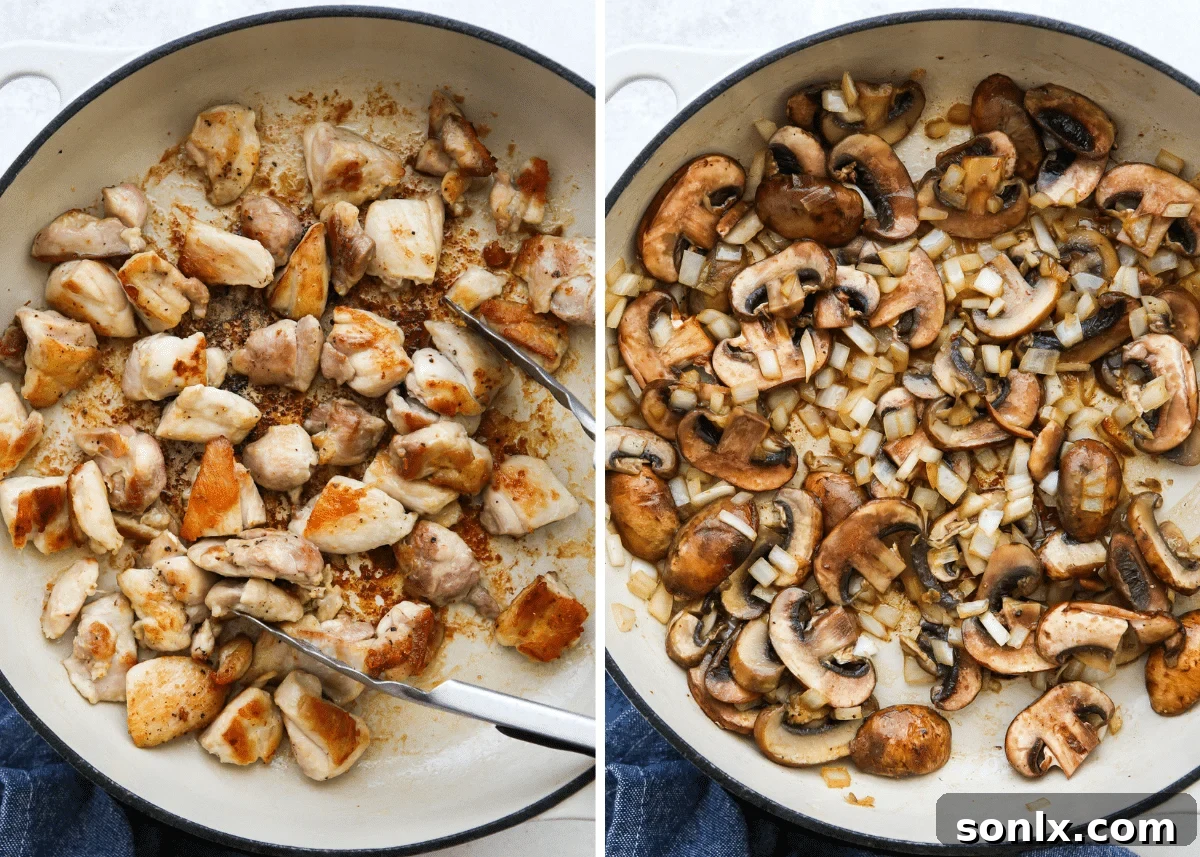 browning chicken, mushrooms and onions in a skillet