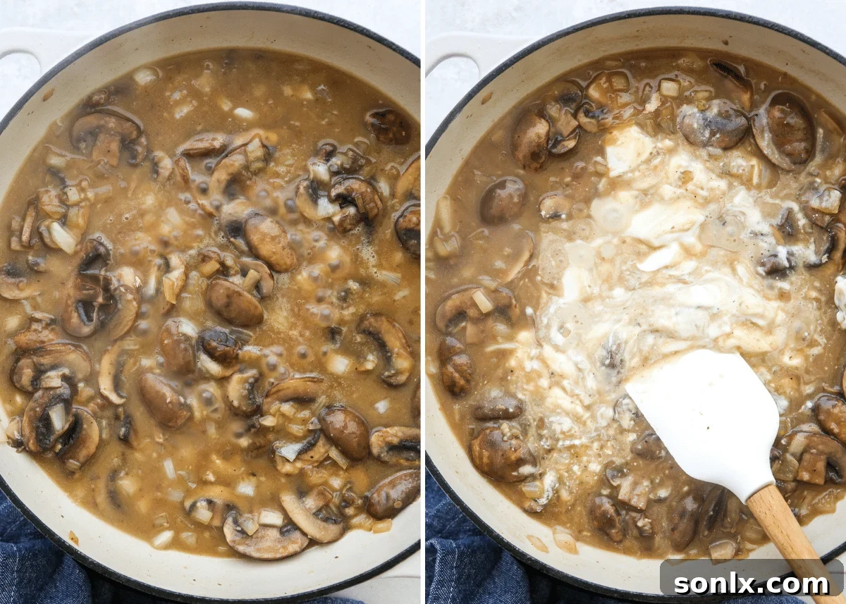 making sour cream stroganoff sauce in pan, whisking ingredients