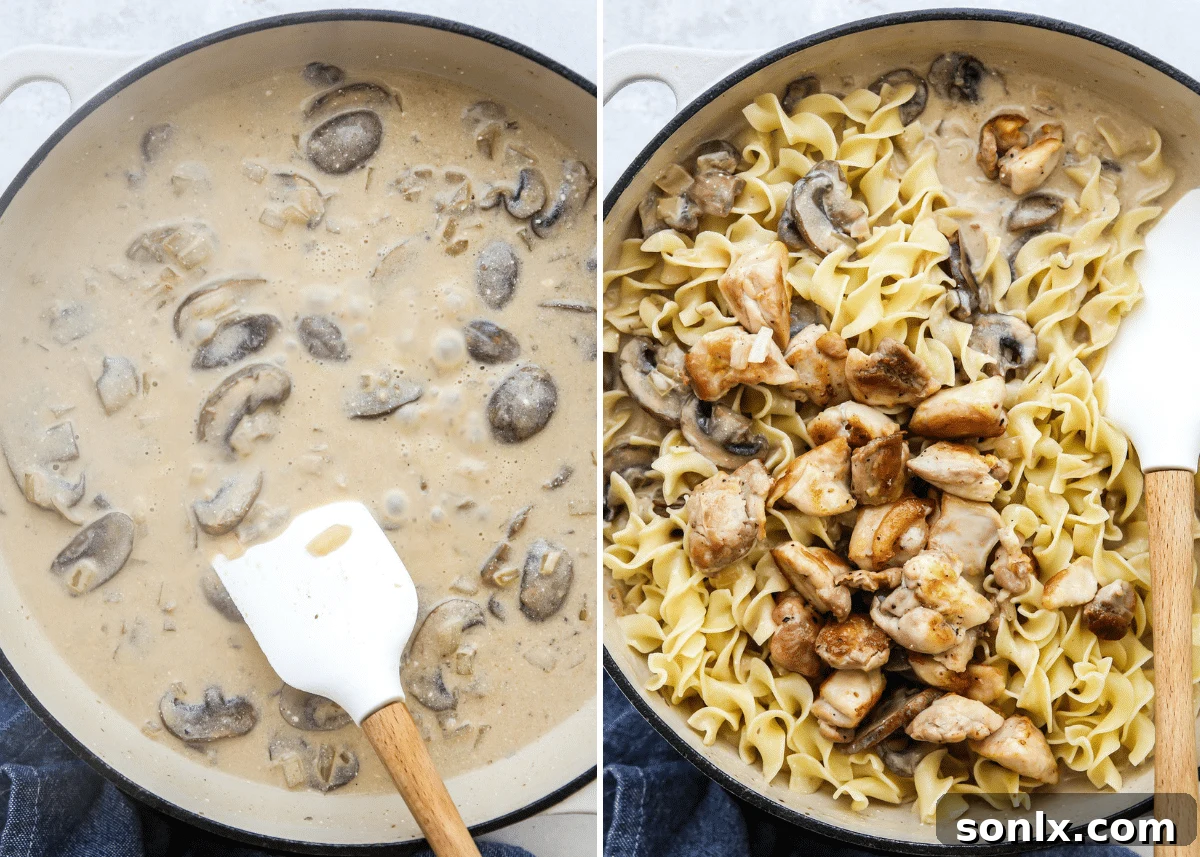 adding noodles and chicken to mushroom stroganoff sauce in a skillet