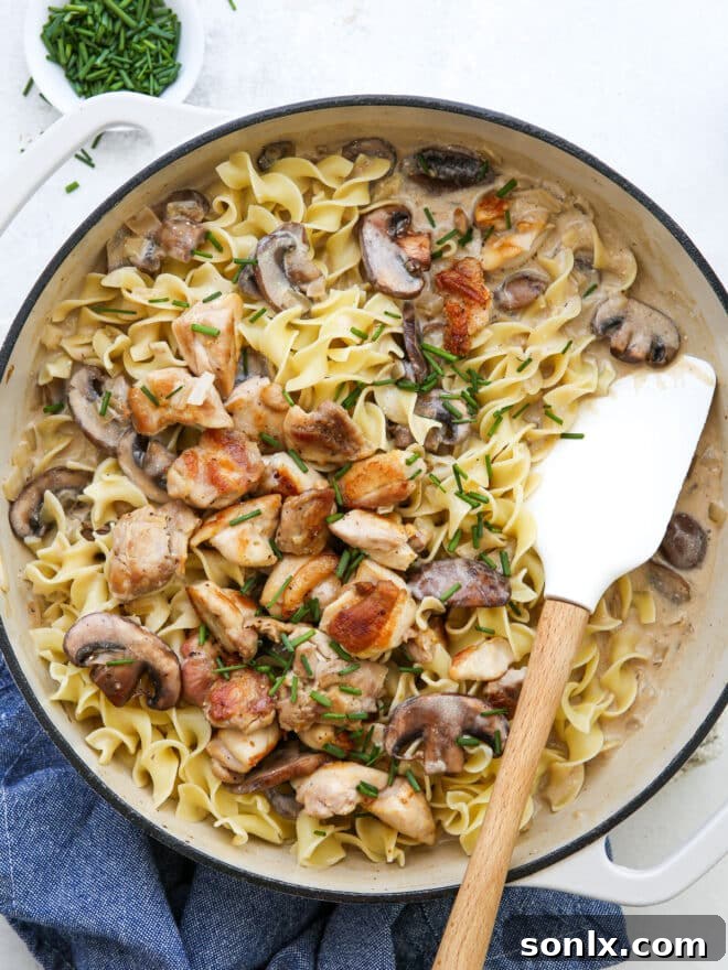 mixing chicken mushroom stroganoff with chives on top in a white pan