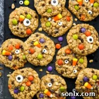 Halloween Monster Cookies filled with colorful candy on a black tray, showcasing their festive appeal