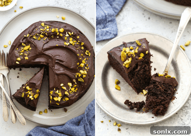 A perfectly sliced chocolate olive oil cake, with a fork taking a bite, showcasing its moist texture