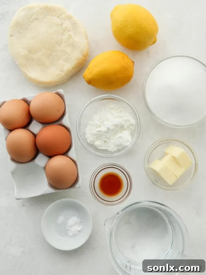 All ingredients for lemon meringue pie meticulously measured out and arranged on a counter.