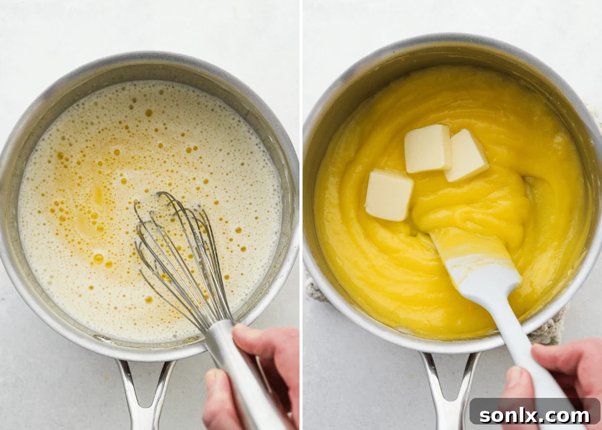 The lemon filling being cooked in a saucepan, showing its gradual thickening process.