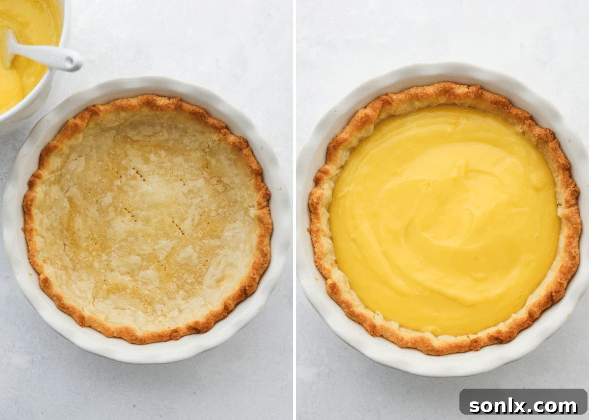 The lemon filling being poured into the pre-baked pie crust, ready for chilling.