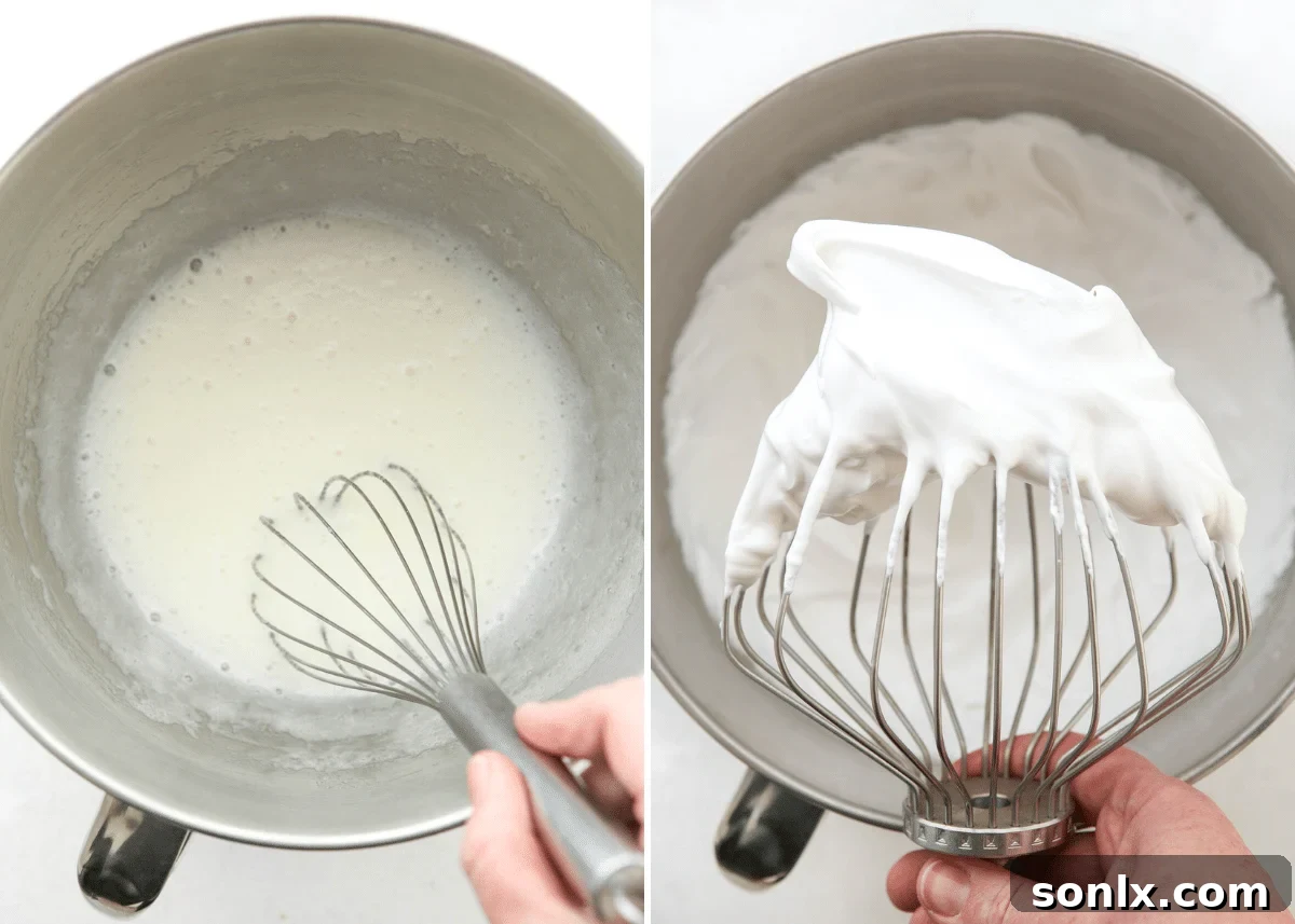 A visual demonstration of making Swiss meringue topping in a mixing bowl, showing both before and after whisking.