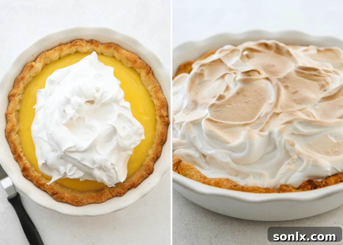 Meringue being spread over the lemon pie, then delicately toasted with a kitchen torch.