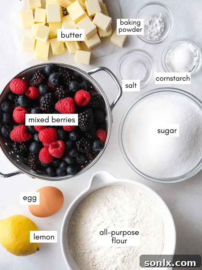berry crumb bar ingredients laid out on a counter