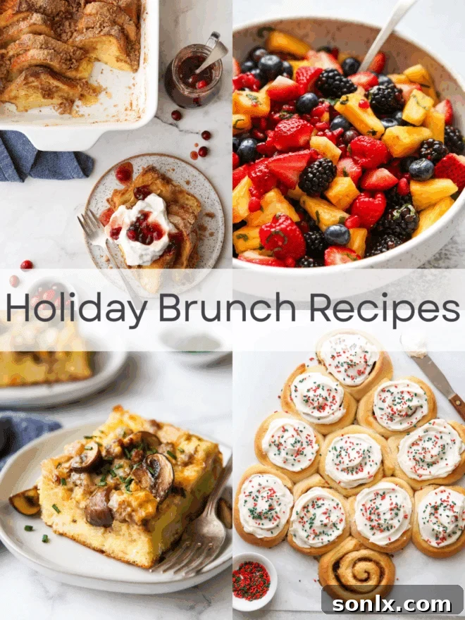 A beautifully set table with an array of holiday brunch dishes, featuring pastries, fruit, and savory options, perfect for a festive gathering.